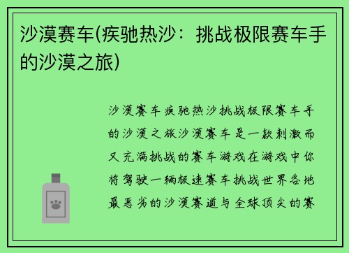 沙漠赛车(疾驰热沙：挑战极限赛车手的沙漠之旅)